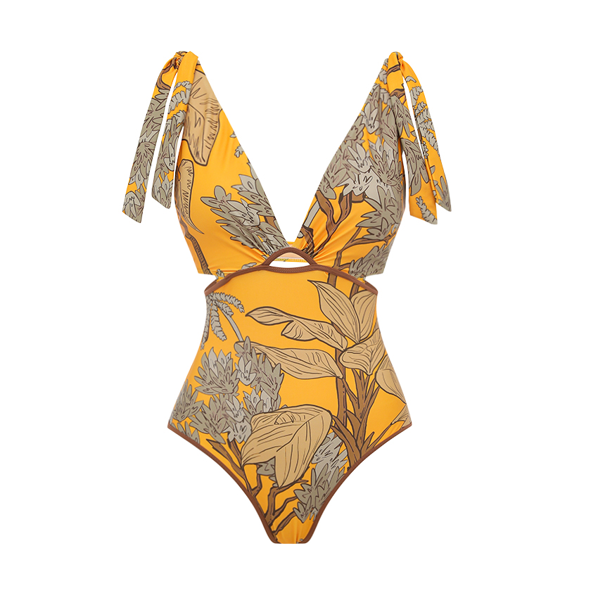 Tie Shoulder Yellow Cut Out Printed Swimsuit Set(s)
