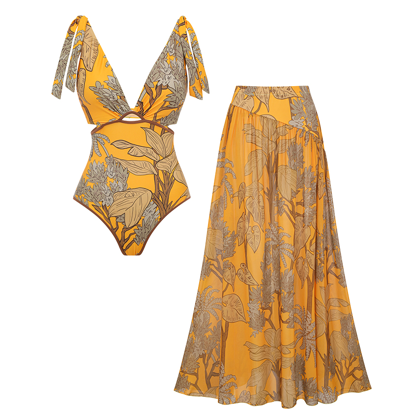 Tie Shoulder Yellow Cut Out Printed Swimsuit Set(s)