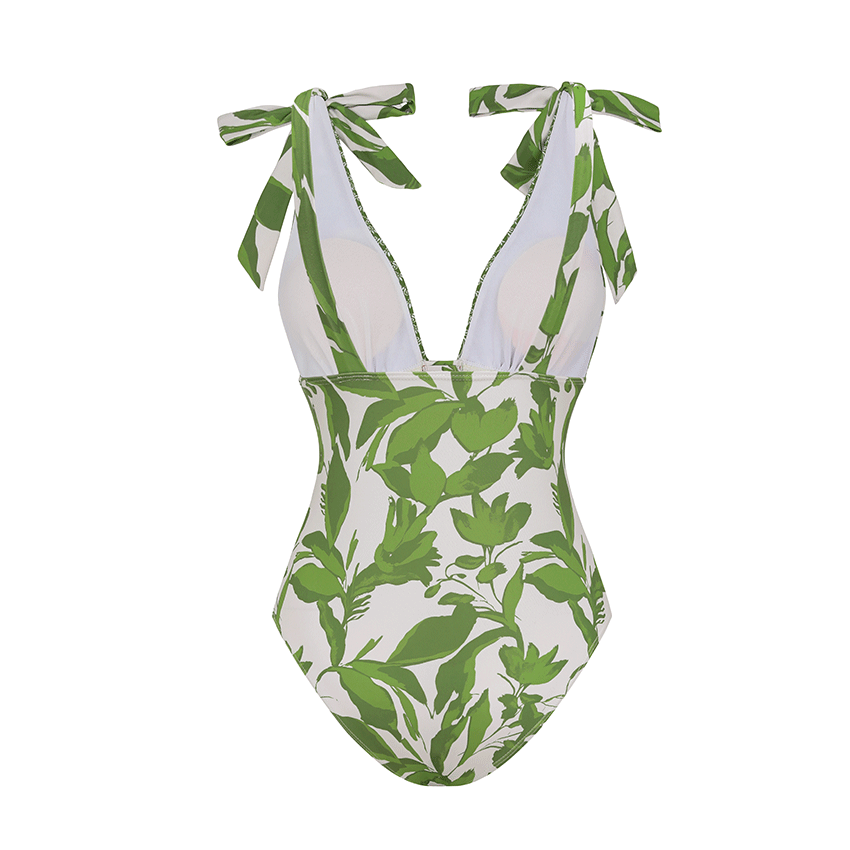 Tie Shoulder Green Leaves Print Swimsuit Set(s)