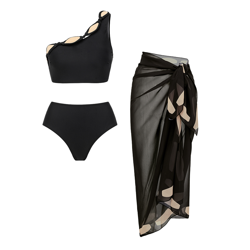 Black Rhombus-patterned Trim Bikini Swimsuit Set(s)