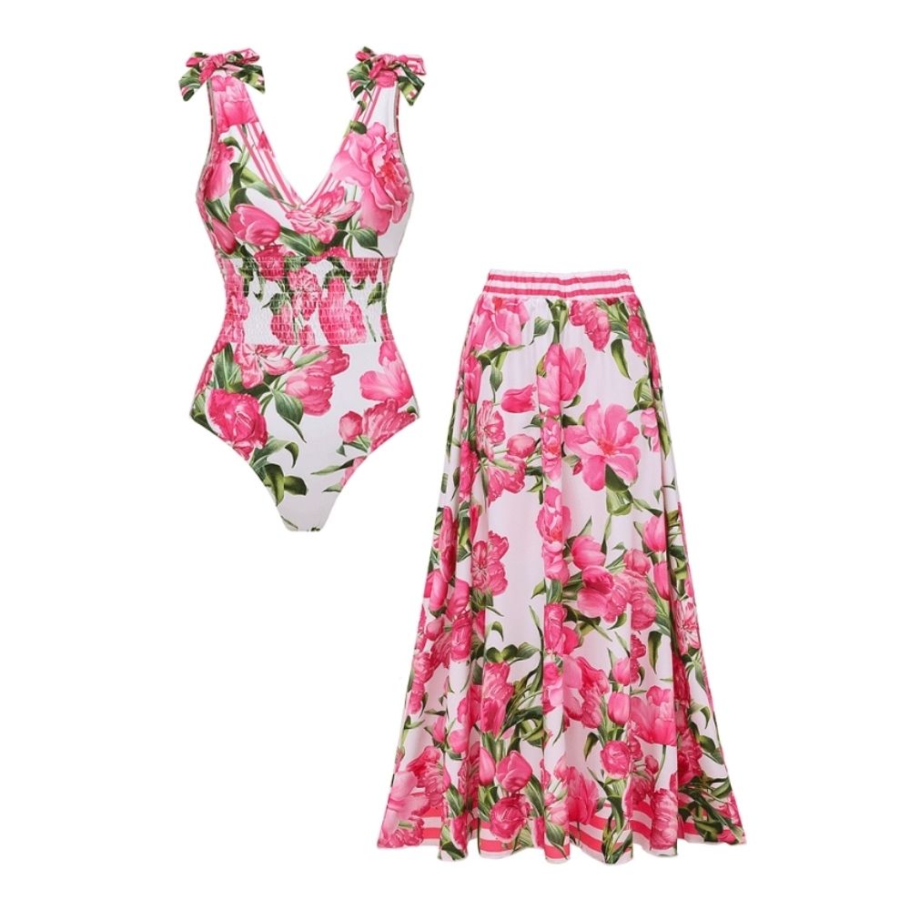 Tie Shoulder Shirring Flower Print One Piece Swimsuit and Skirt