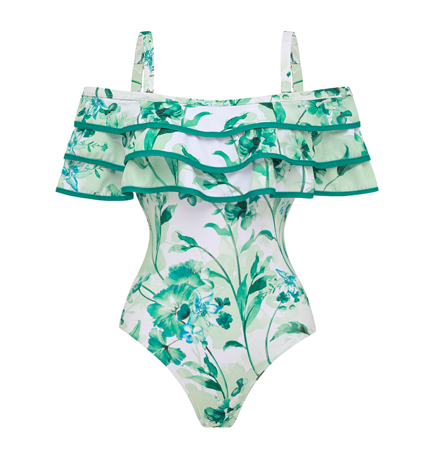 Green Loral Rint Tiered Ruffle Off-The-Shoulder Swimsuit Set(s)