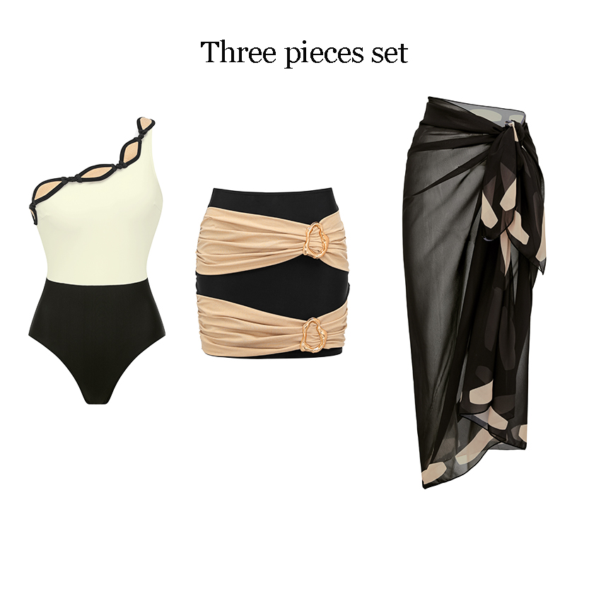 One Shoulder Color Block Rhombus-patterned Trim Swimsuit Set(s)