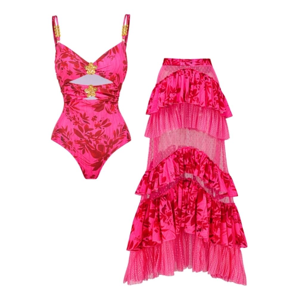 Rose Red Flower Print Cutout One Piece Swimsuit and Tiered Skirt
