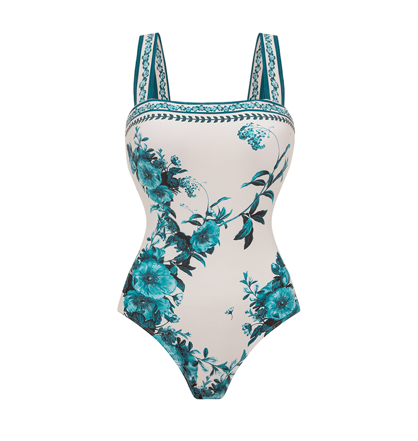 Dark Cyan Botanical Flower Print Swimsuit Set(s)