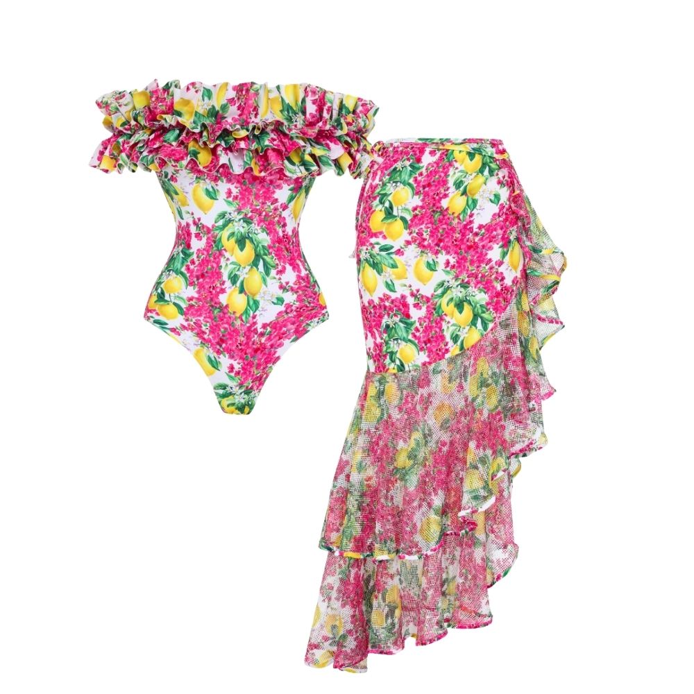 Bandeau Ruffled Lemon Floral Print One Piece Swimsuit and Mesh Splicing Sarong