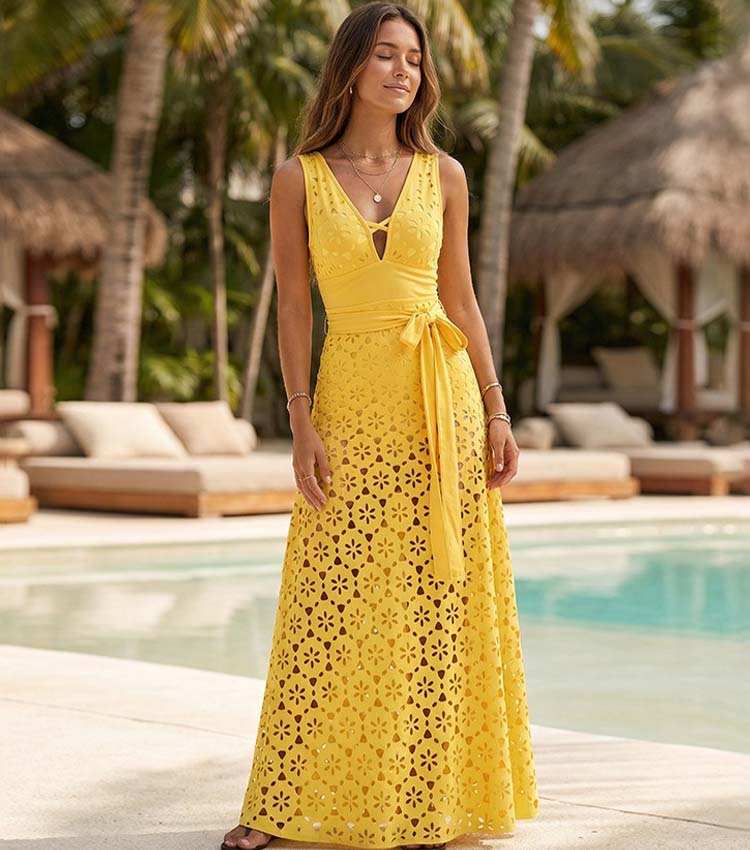 Yellow Color Laser Cutting Flower Hollow One Piece Swimsuit and Skirt