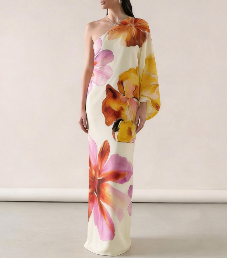 One-Shoulder Watercolor Floral Dress