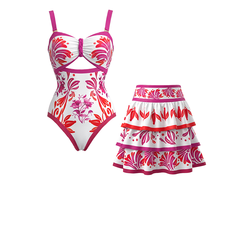  Fuchsia & Coral Print Braided Floral Swimsuit Set(s)