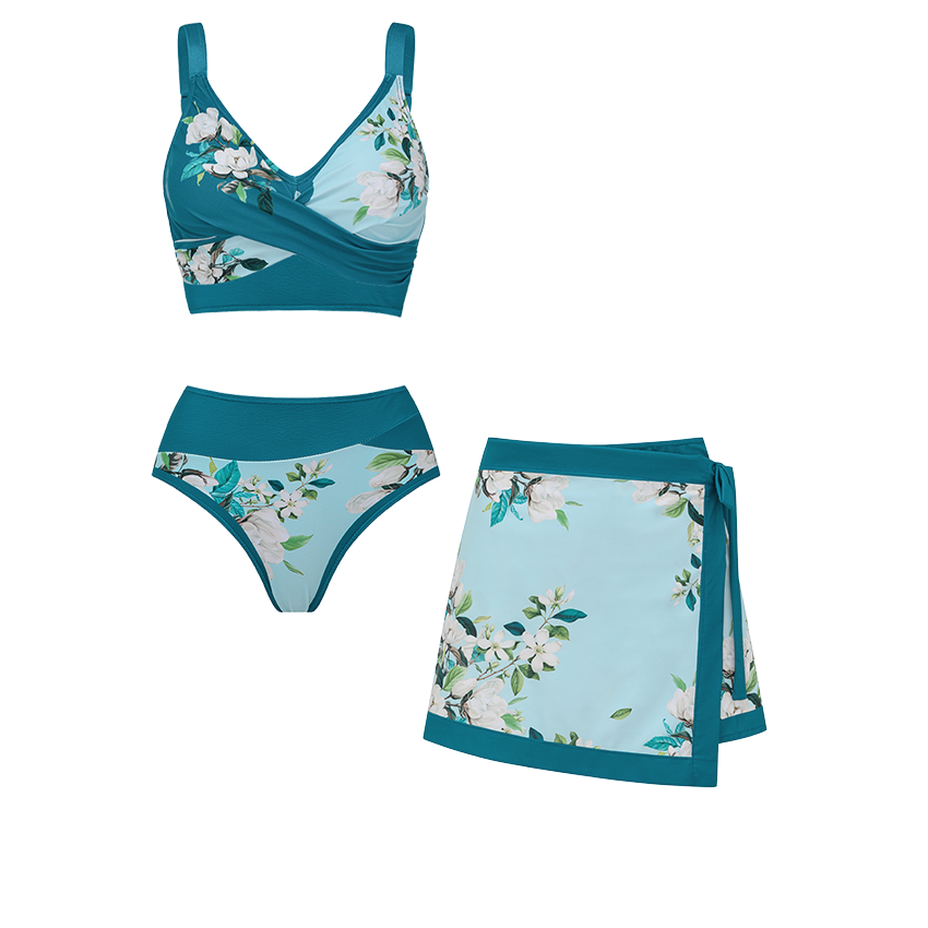 Light Cyan & Teal Two-Piece Flower Print Swimsuit Set(s)