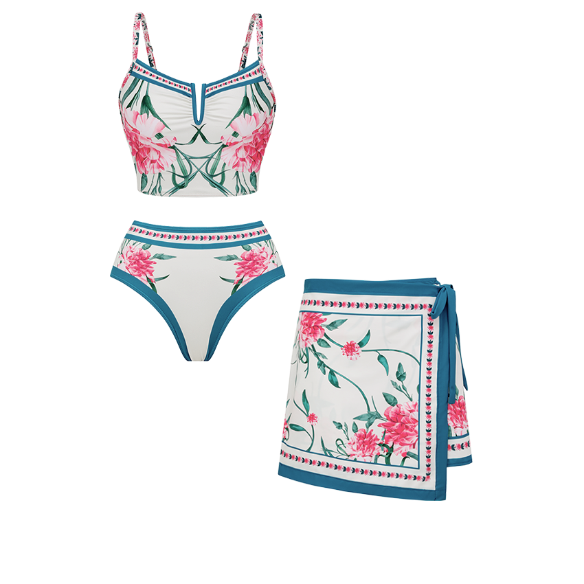 [Copy]Light Cyan & Teal Two-Piece Flower Print Swimsuit Set(s)