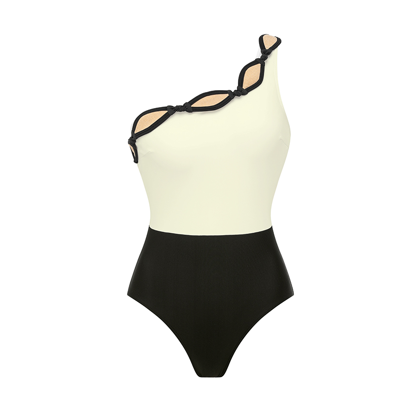One Shoulder Color Block Rhombus-patterned Trim Swimsuit Set(s)