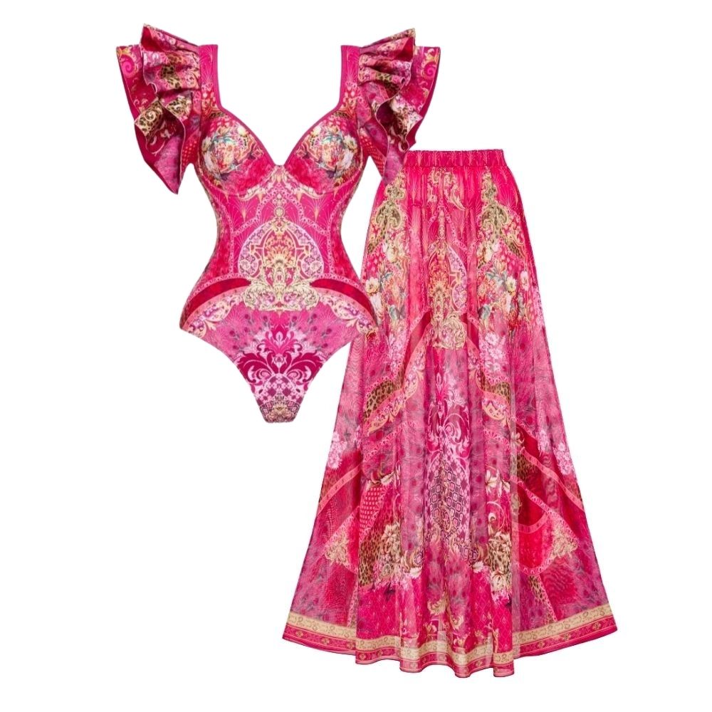 Ruffled Rose Red Blooming Flower Print One Piece Swimsuit and Skirt