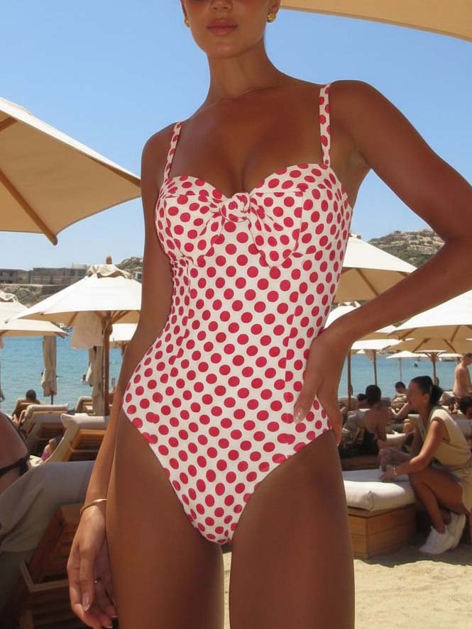 Bowknot Polka Dot Print One Piece Swimsuit and Skirt