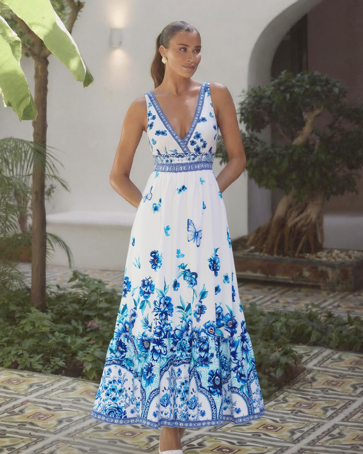 V-neck Peony Print Swimsuit Set(s)