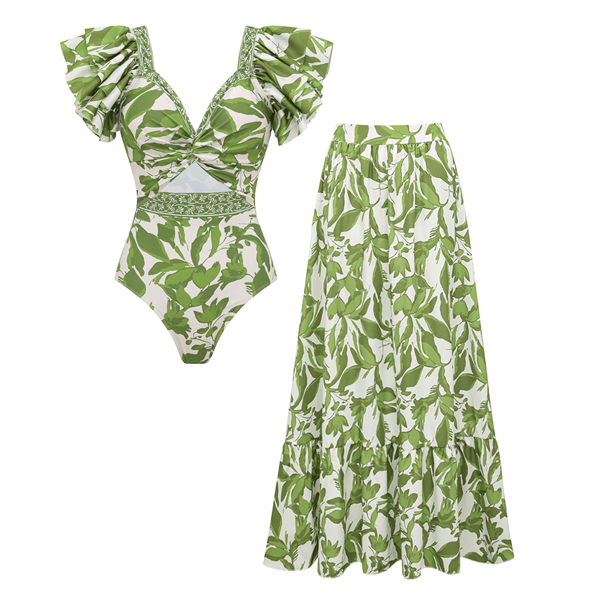 Ruffle V Neck Green Print Cut Out Swimsuit Set(s)
