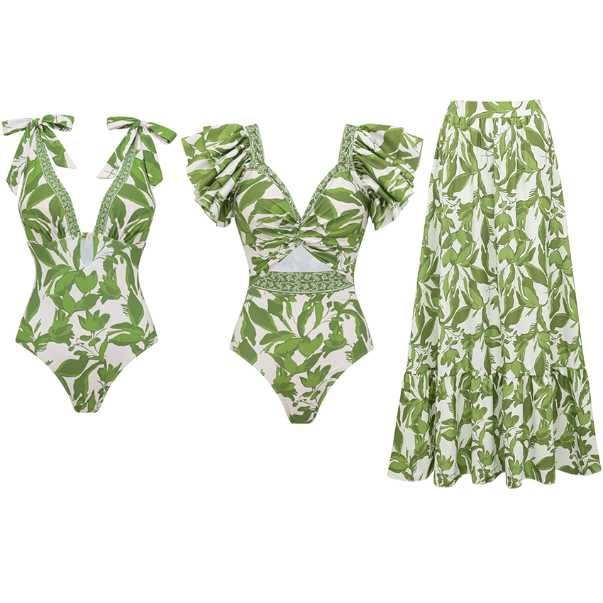 Ruffle V Neck Green Print Cut Out Swimsuit Set(s)