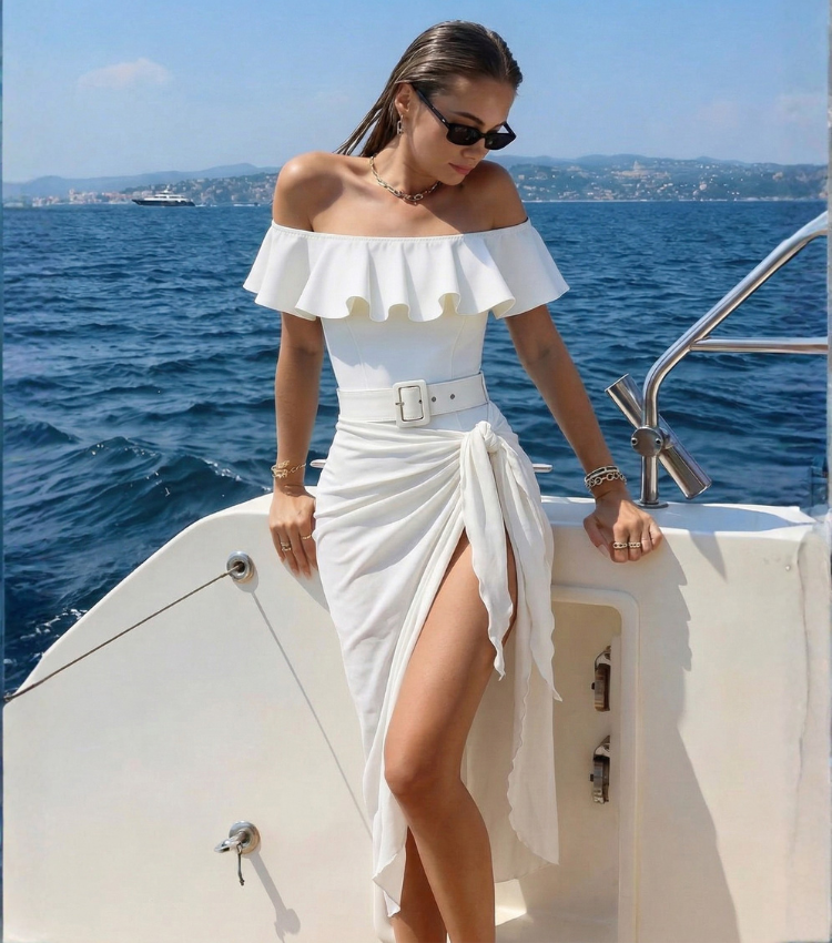 White Ruffles Blocking Swimsuit Set(s)