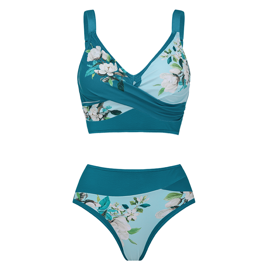Light Cyan & Teal Two-Piece Flower Print Swimsuit Set(s)