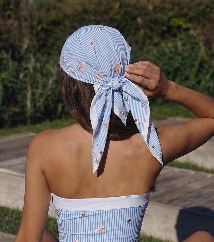 Blue Stripes Print Square Scarf