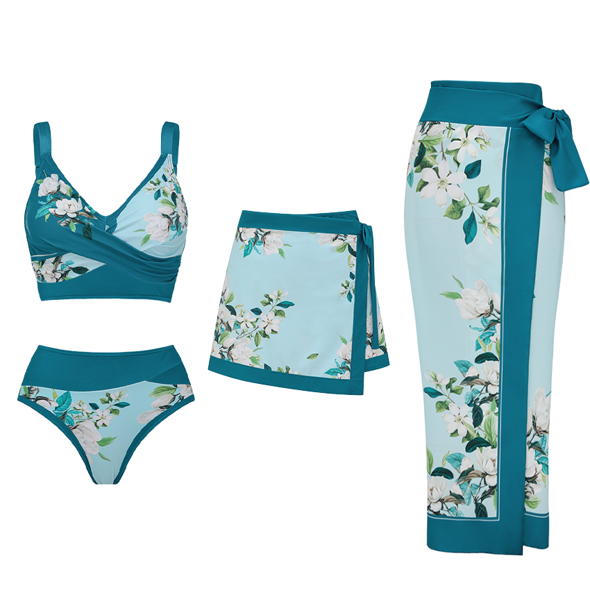 Light Cyan & Teal Two-Piece Flower Print Swimsuit Set(s)