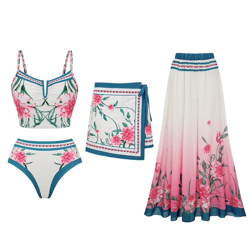 [Copy]Light Cyan & Teal Two-Piece Flower Print Swimsuit Set(s)