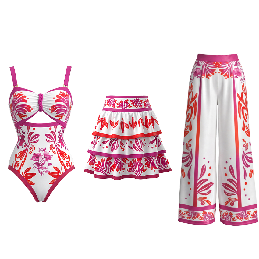  Fuchsia & Coral Print Braided Floral Swimsuit Set(s)