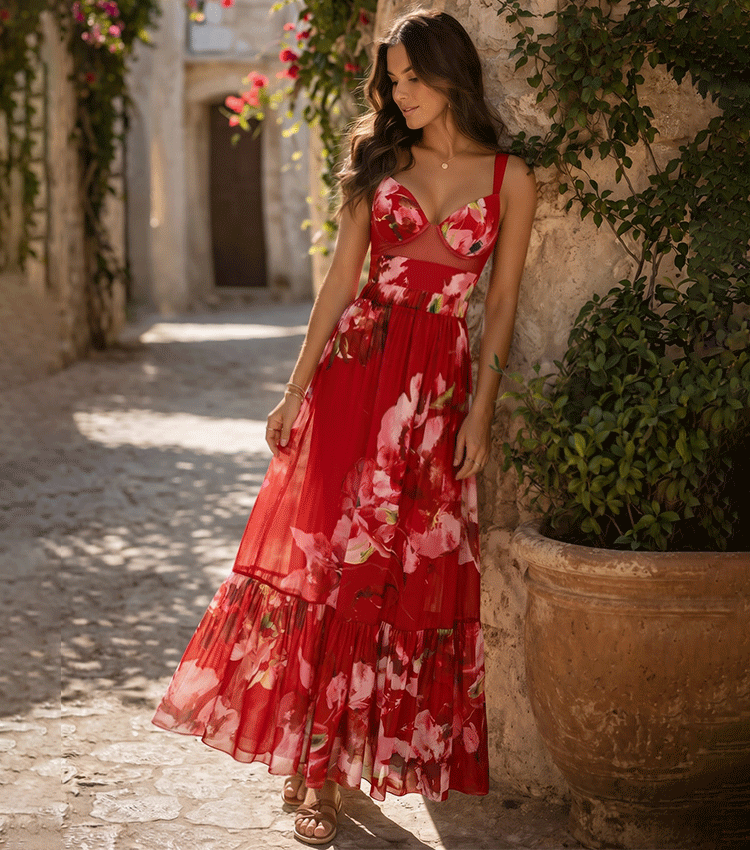 Sling Mesh Paneling Flower Print Red Swimsuit Set(s)