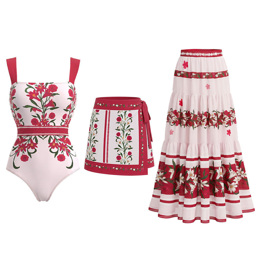 [Copy]Black Beige And Orange Floral Print Swimsuit Set(s)