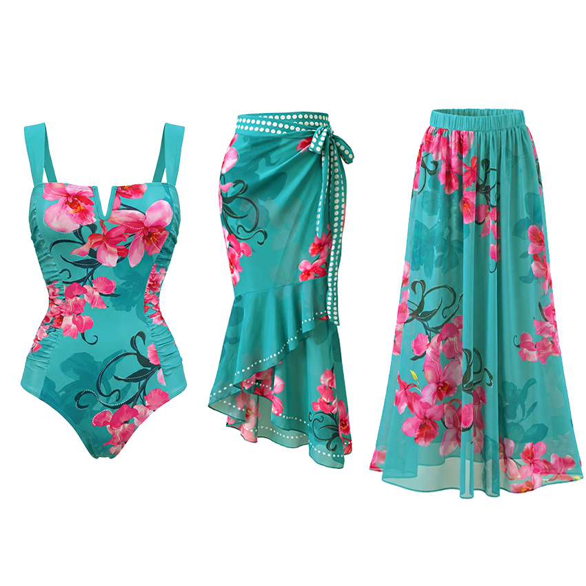 [Copy]Blue-Pink-Orange Ombre Floral Two-Piece Print Swimsuit Set(s)