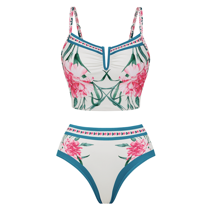 [Copy]Light Cyan & Teal Two-Piece Flower Print Swimsuit Set(s)