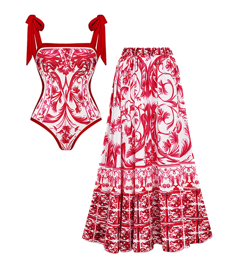Reversible Tie-shoulder Baroco Style Printed One Piece Swimsuit and Skirt Flaxmaker