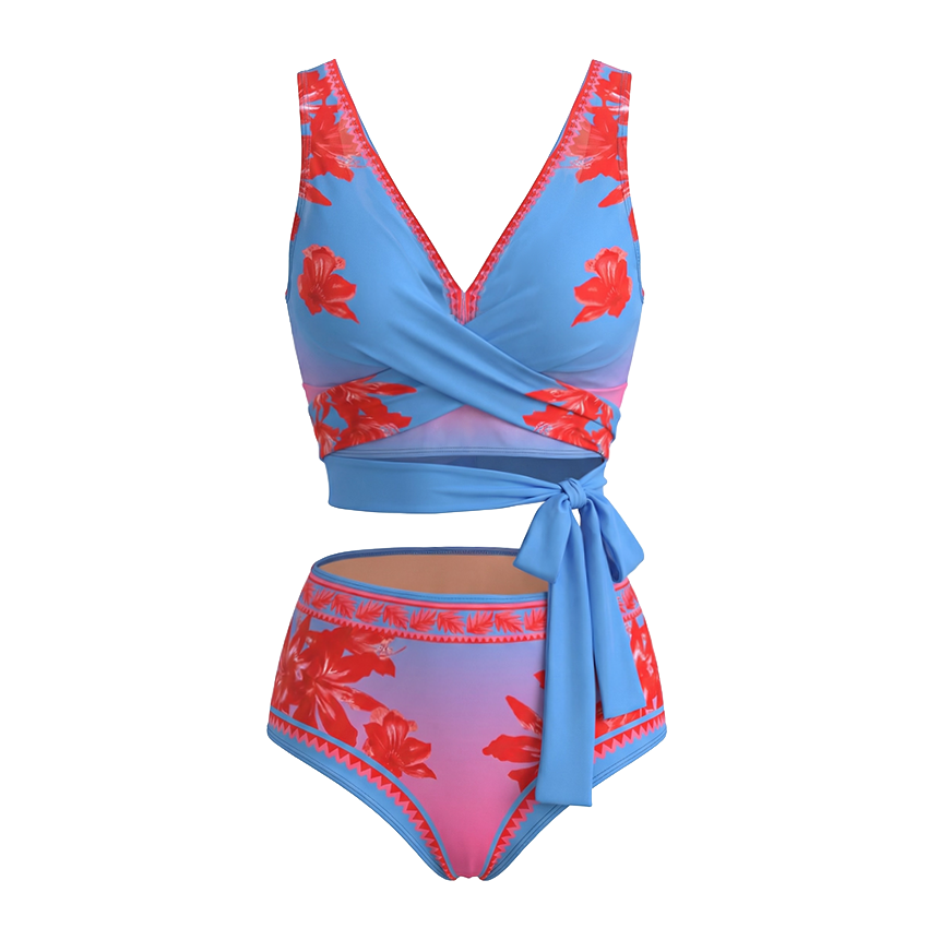 [Copy]Blush Pink & Teal Floral Two-Piece Print Swimsuit Set(s)