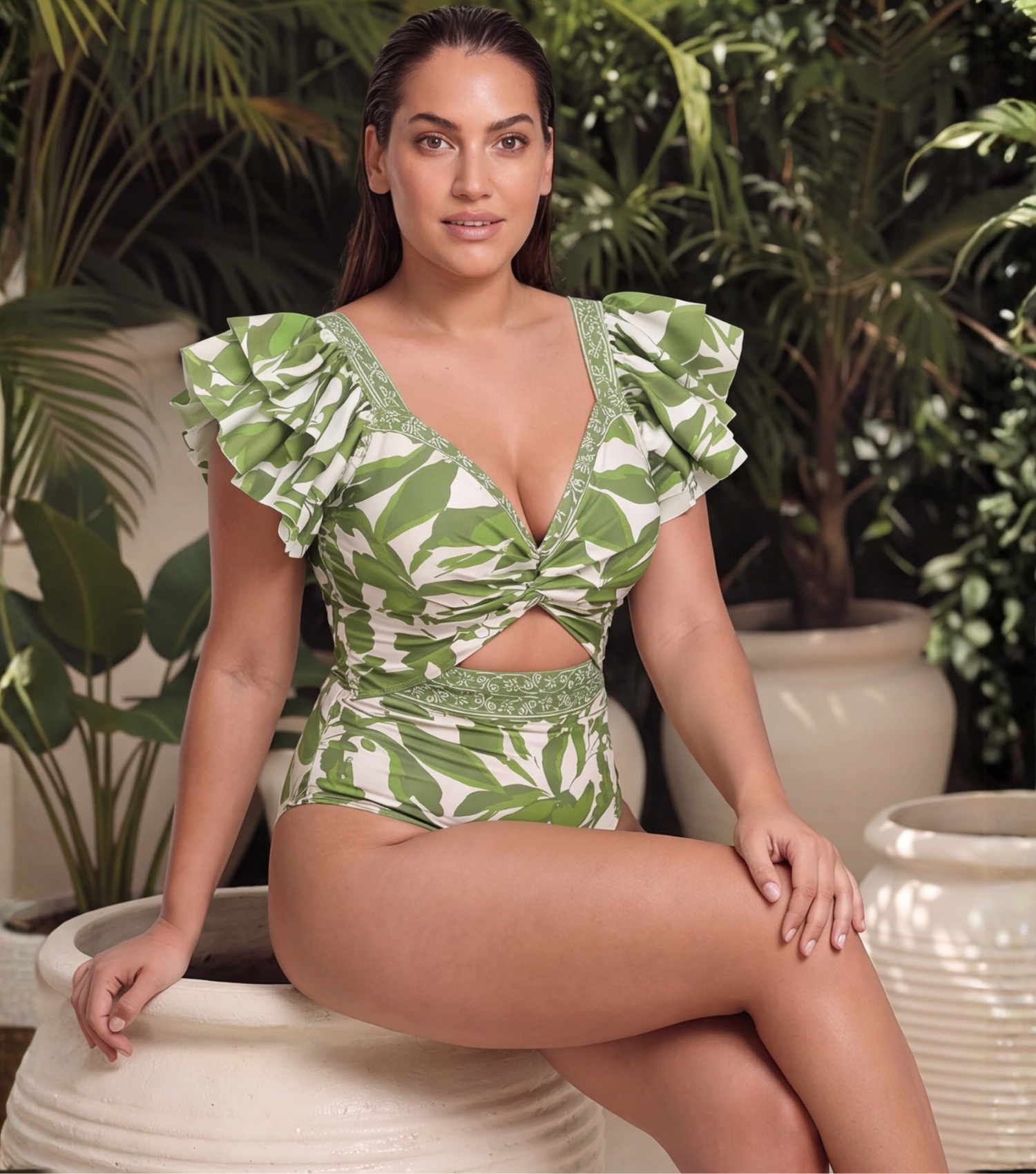 Plus Size Ruffle V Neck Green Print Cut Out Swimsuit Set(s)
