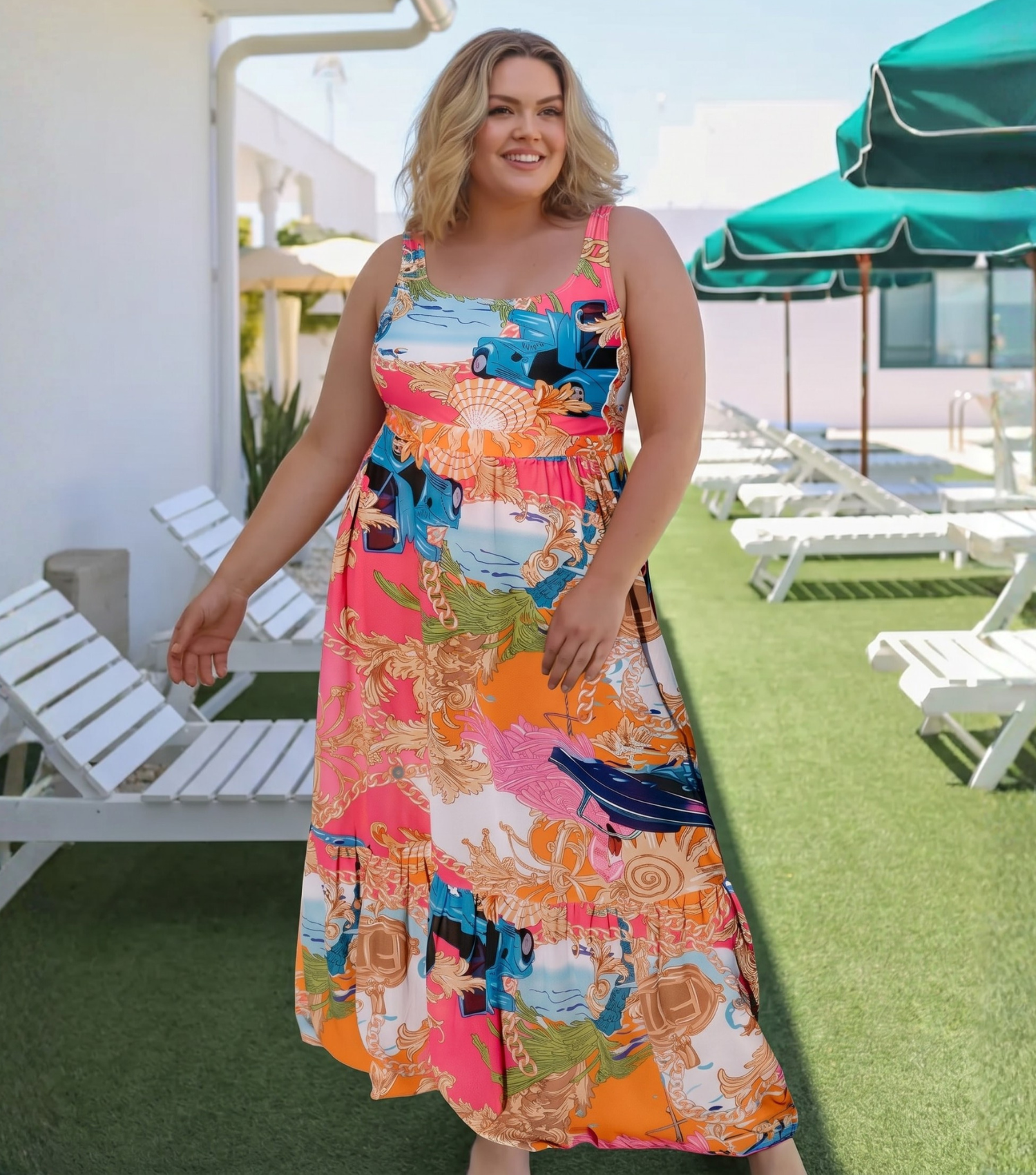 Plus Size Round Neck Shell Print One Piece Swimsuit and Sarong or Skirt