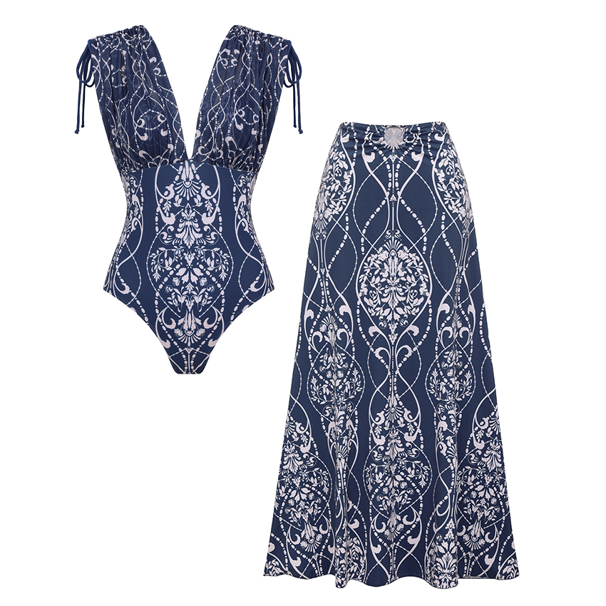 [Copy]V Neck Tie Shoulder Lily Print Swimsuit Set(s)
