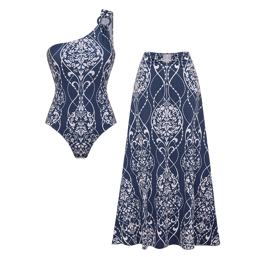 One Shoulder Blue Printed Swimsuit Set(s)