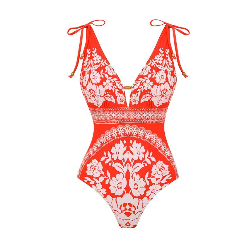 V Neck Bow-detailed Red Printed Swimsuit Set(s)