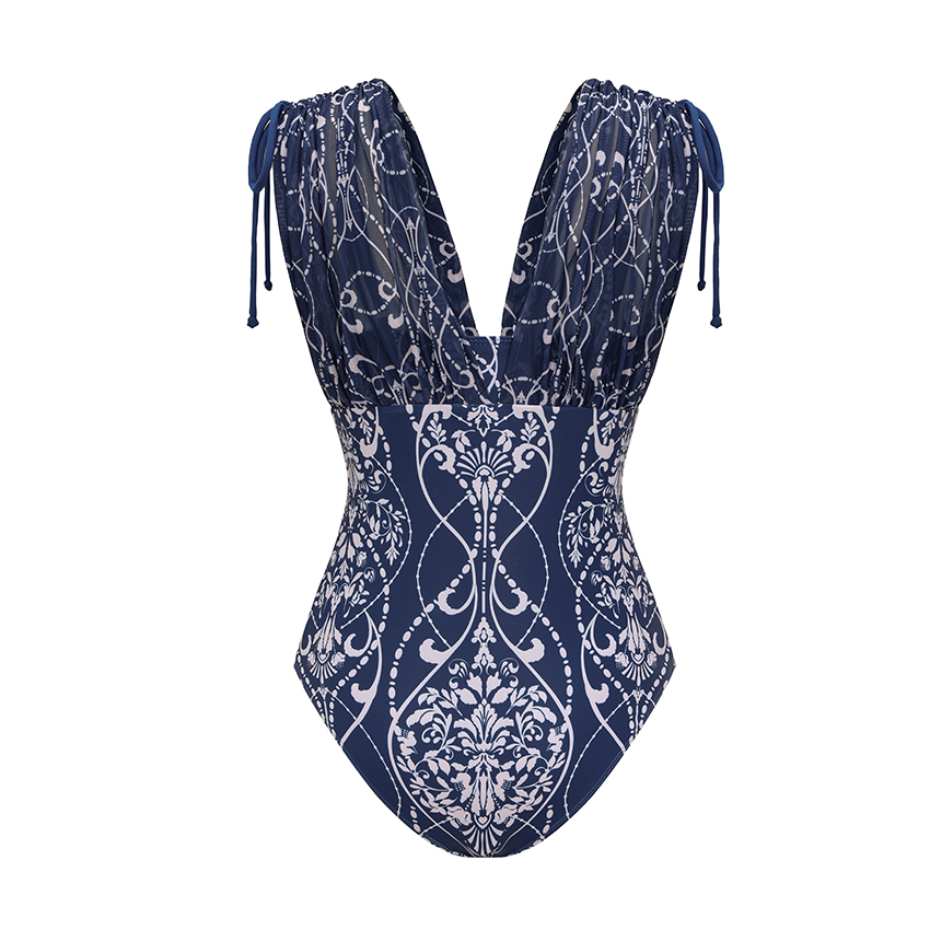 [Copy]V Neck Tie Shoulder Lily Print Swimsuit Set(s)