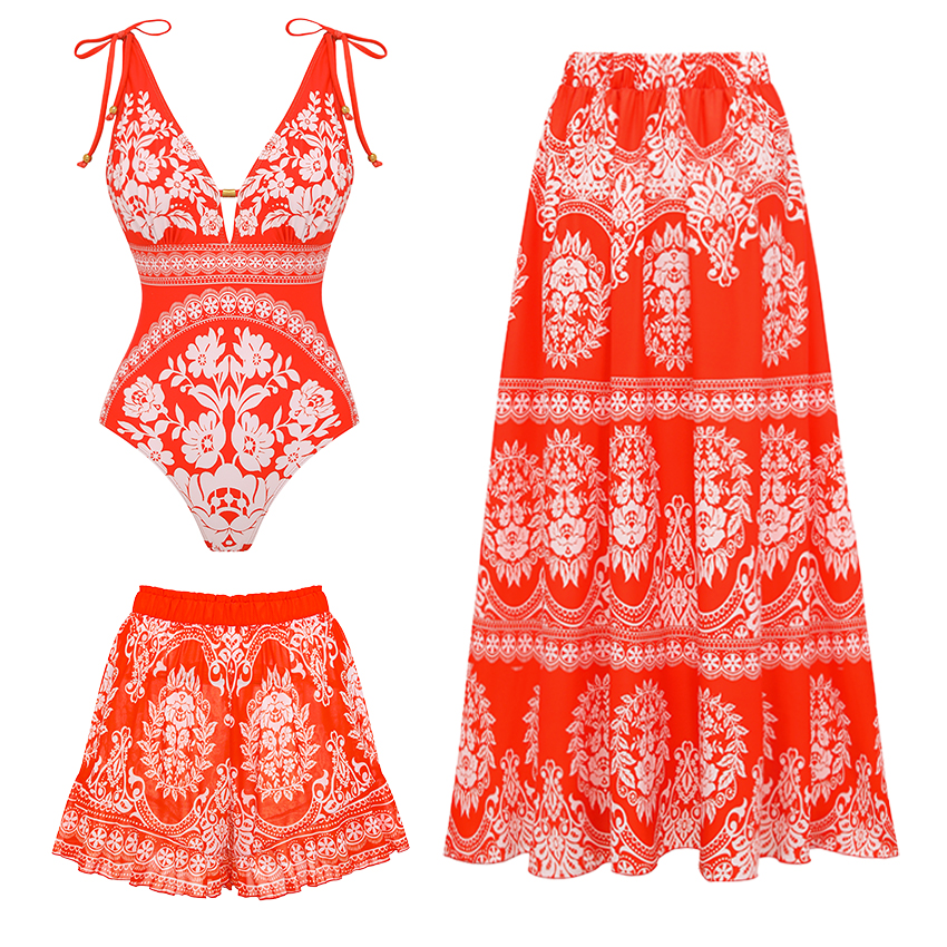 V Neck Bow-detailed Red Printed Swimsuit Set(s)