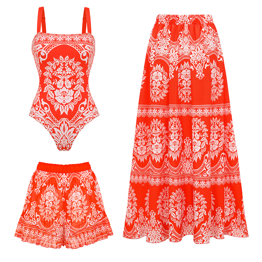 Adjustable Shoulder Straps Red Retro Print Swimsuit Set(s)