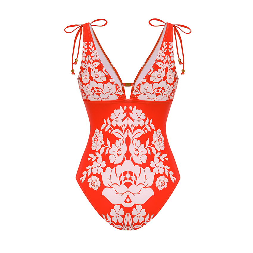 V Neck Bow-detailed Red Printed Swimsuit Set(s)