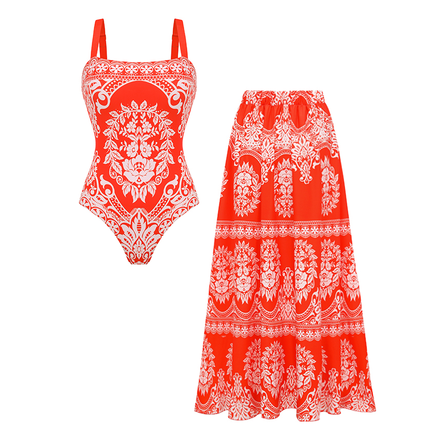 Adjustable Shoulder Straps Red Retro Print Swimsuit Set(s)