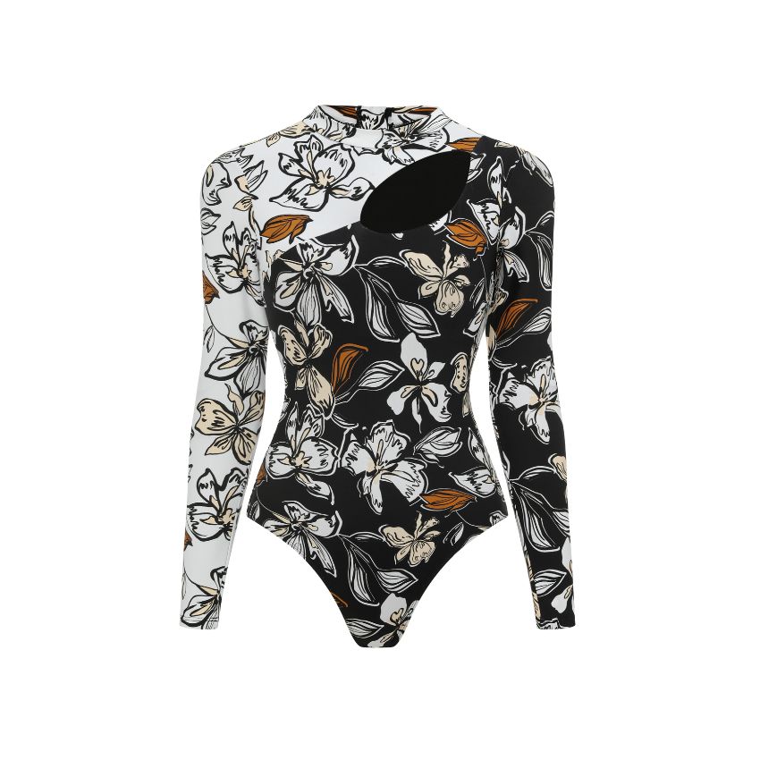 Cutout Printed Long Sleeve Rashguard Swimsuit Set(s)