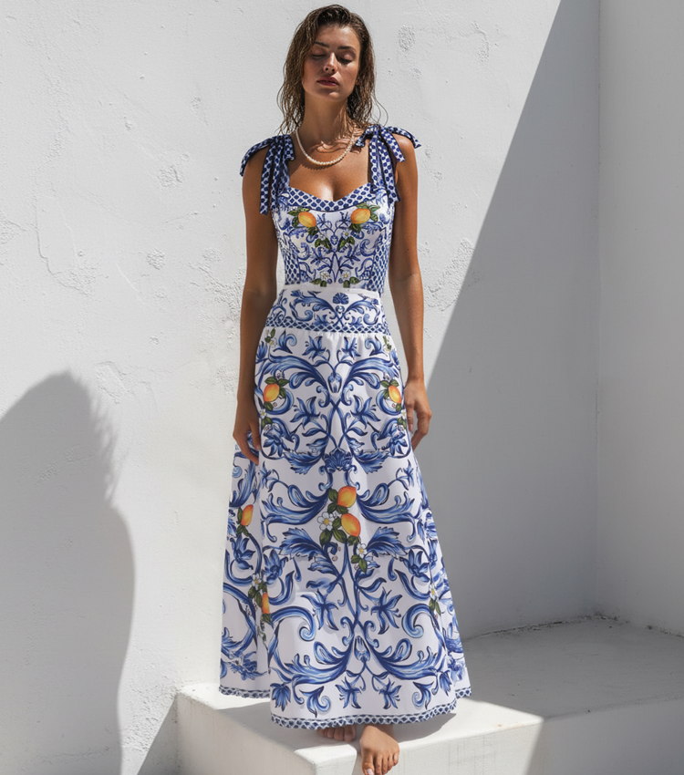 Bowknot Shoulder Lemon Printed Swimsuit Set(s)