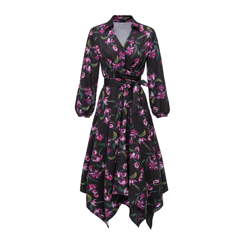 Asymmetrical Hem Printed Wrap Dress