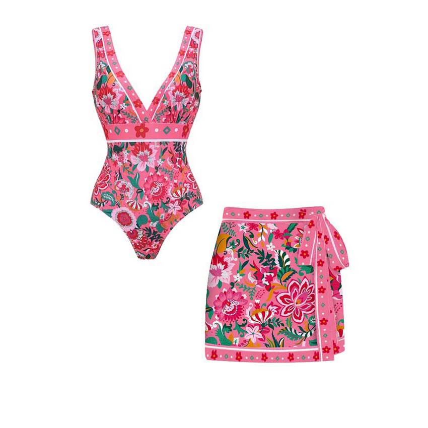 Pink Floral Paradise Print V-neck One Piece Swimsuit and Skirt