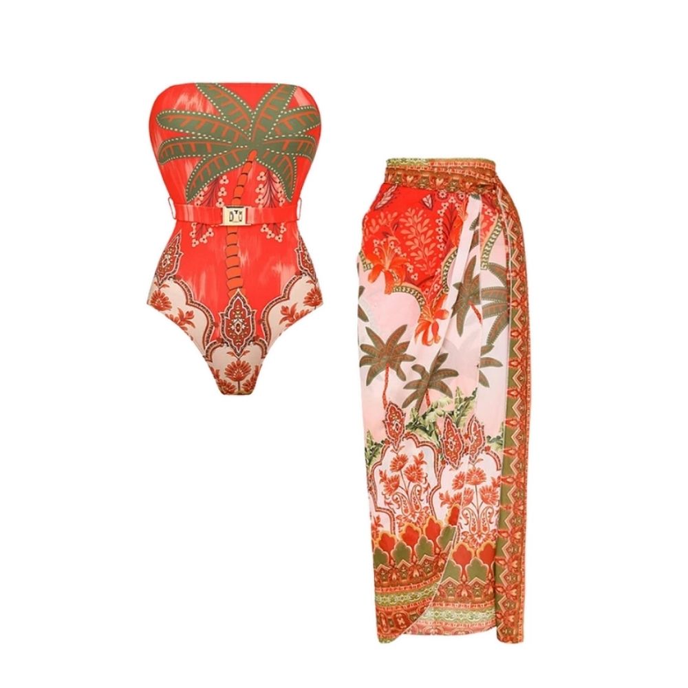 Off Shoulder Coconut Palm Print One Piece Swimsuit With Belt and Skirt