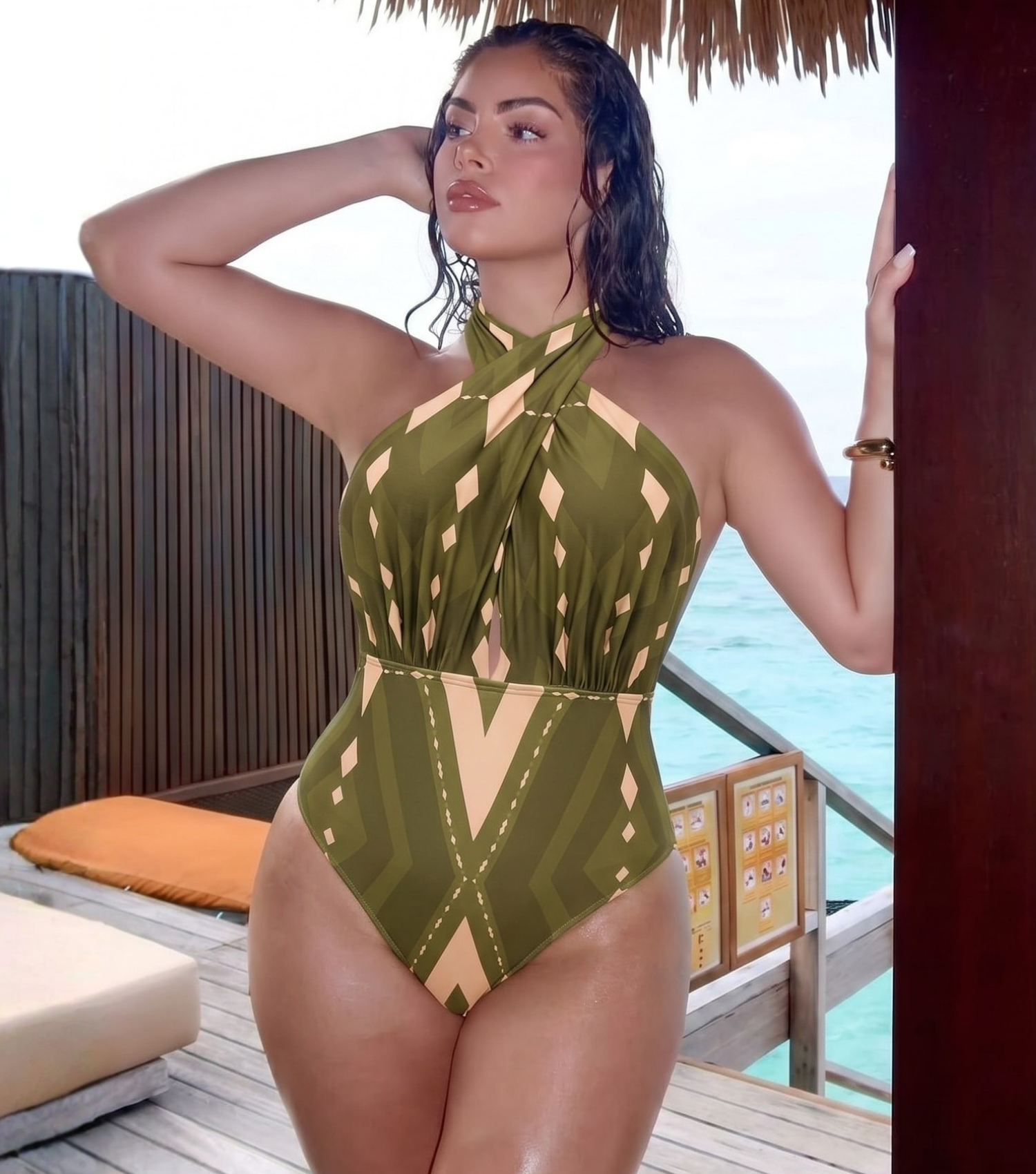 Plus Size Halter Neck Geometric Pattern Print One Piece Swimsuit and Pants