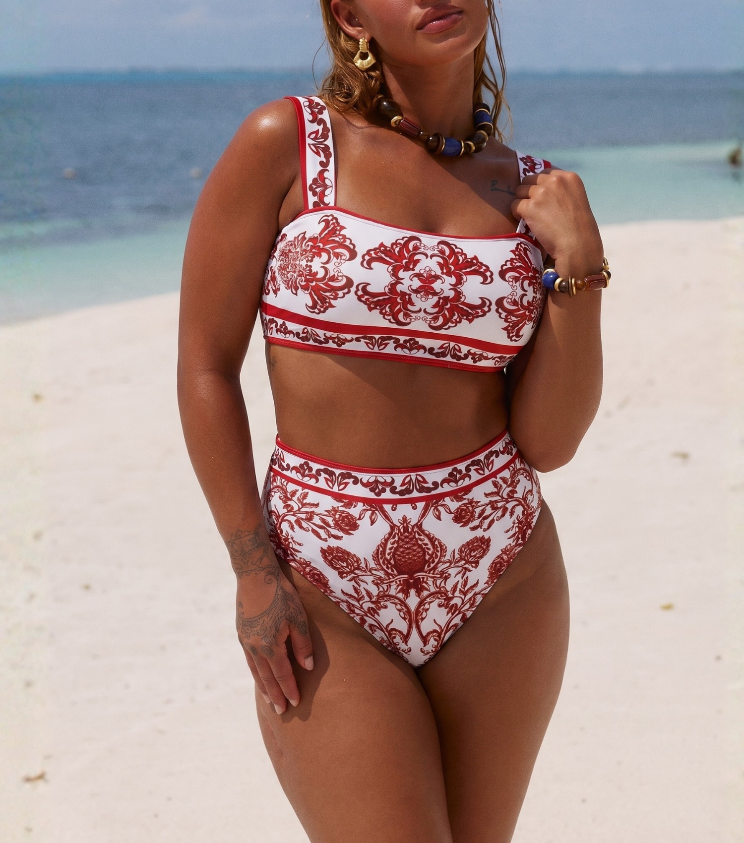 Plus Size Red Flower Totem Pattern Print Bikini and Skirt